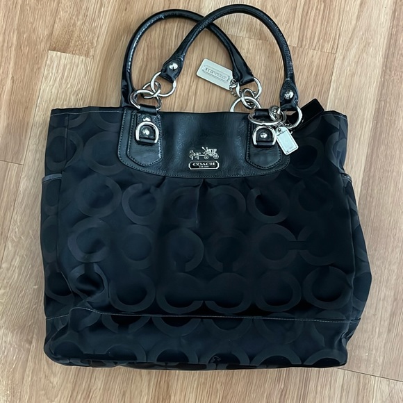 Coach Purse Madison Julianne Black Leather & Canvas Tote - Picture 1 of 9